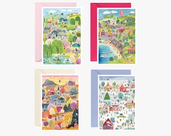 Carte postale, ensemble de cartes, saison, illustration décoration, enfant, maison, dessin, aquarelle, hiver, automne, printemps, été