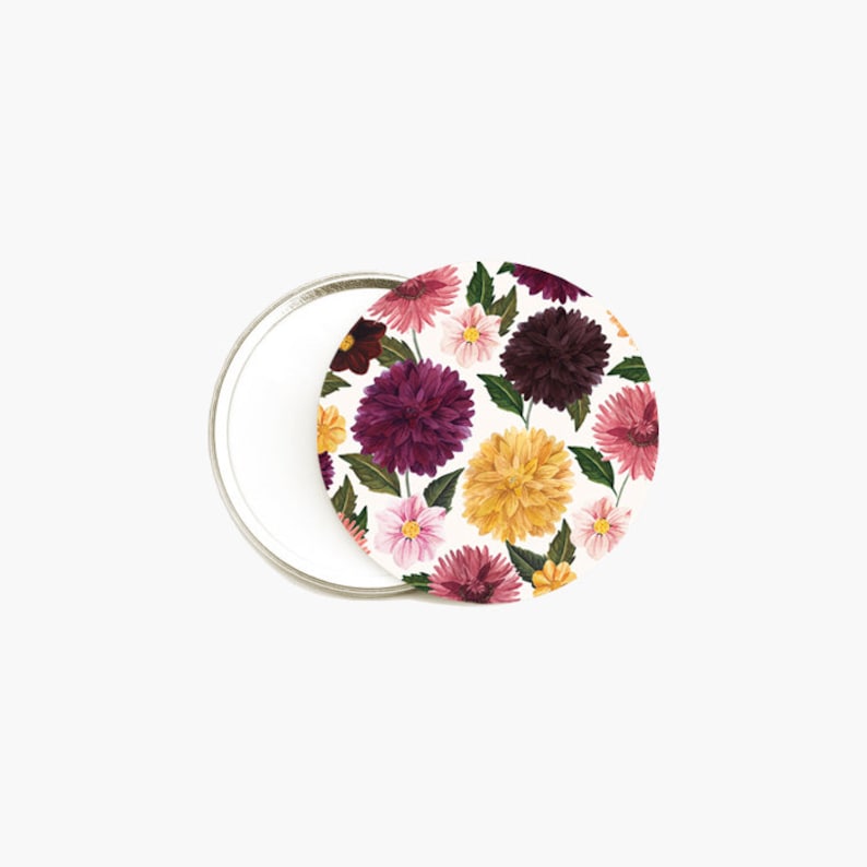 Miroir de poche, miroir de sac, fleurs, aquarelle, illustration, miroir rond, petit miroir, cadeau, pochon doré, lune, cadeau noël image 1