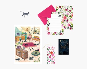 Set papeterie avec Papier à lettres pins marque-page illustration,  noël, illustration aquarelle fleurs motif liberty, végétation, chat