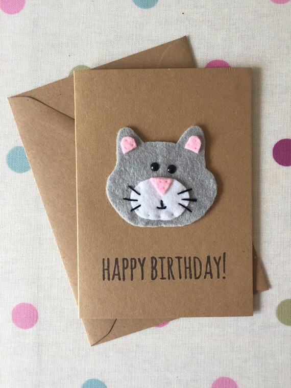 Tabby Cat Happy Birthday Card Felt Cat Birthday Card | Etsy
