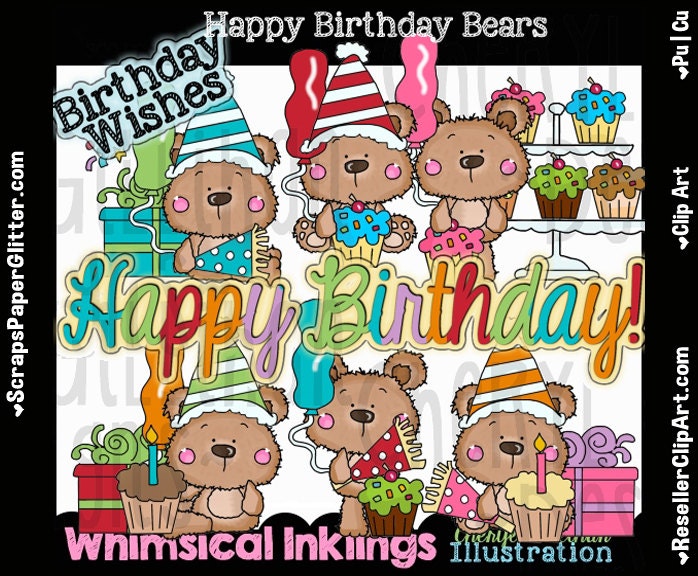 Bear Birthday party Clipart Cute Bear clipart commercial use Happy birthday Birthday elements,PNG Download,printable digital clipart set