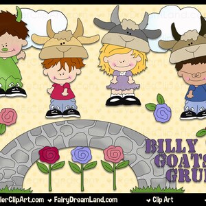 May include: A digital illustration featuring four cartoon characters, three wearing goat-themed hats, standing above a stone bridge with flowers. The text BILLY GOATS GRUFF is displayed in purple letters. The background is a light yellow dotted pattern.