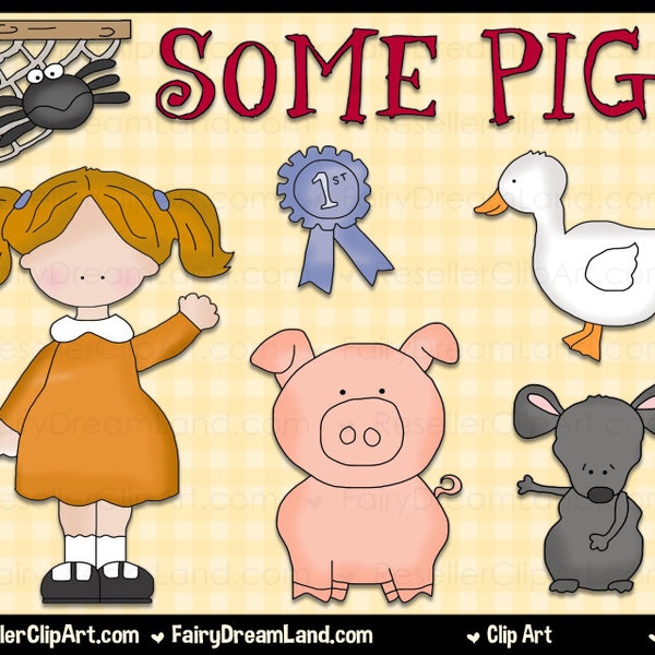 Charlotte's Pig Digital Clip Art - Commercial Use Graphic Image Png Clipart Set - Instant Download - Web Storybook Fairytale Nursery Rhyme