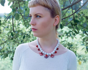 White ceramic necklace with red birds. Ceramic necklace for women