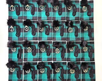 24 Handmade Reusable Green & Black Buffalo Plaid Cotton Christmas Countdown Pouches