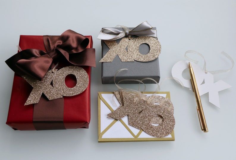xo Gift Tags with Envelopes Silver or Gold Glitter Set of 6 Gold