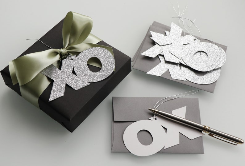 xo Gift Tags with Envelopes Silver or Gold Glitter Set of 6 Silver