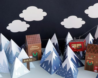 Advent Calendar - Mountain Range with Cable Car, Santa's and a Personalized House – Printable PDF File - DIY