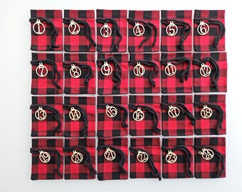 Handmade Christmas Advent Calendar: 24 Red Buffalo Plaid Fillable Pouches - Pre-Christmas Present - Reusable