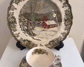 Johnson Bros. The Friendly Village, School House Dinner Plate and Ice House Cup and Saucer