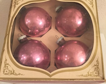 Shiny Brite Christmas Ornaments - Set of 4 with Box - Pink or Dusty Rose