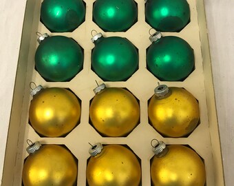 Shiny Brite Christmas Ornaments - Set of 12 with Box - Green and Gold