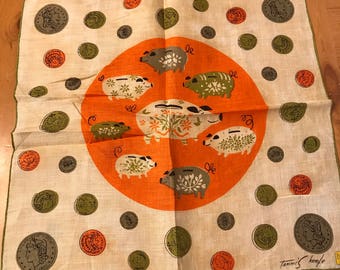 Vintage Square Piggy Bank Hankie by Tammis Keefe