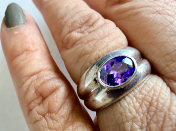 Chunky Sterling Silver Statement Ring – Oval Purp… - image 1