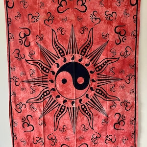 Handcrafted 100% Cotton Tapestry, ScreenPrinted YinYang, Sun, Aum design, Dorm Wall Decor, Twin Bedspread, Yoga, Meditation, Beach Spread