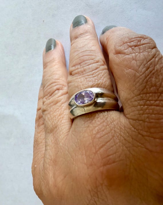 Chunky Sterling Silver Statement Ring – Oval Purp… - image 2