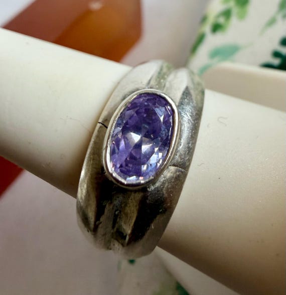Chunky Sterling Silver Statement Ring – Oval Purp… - image 4