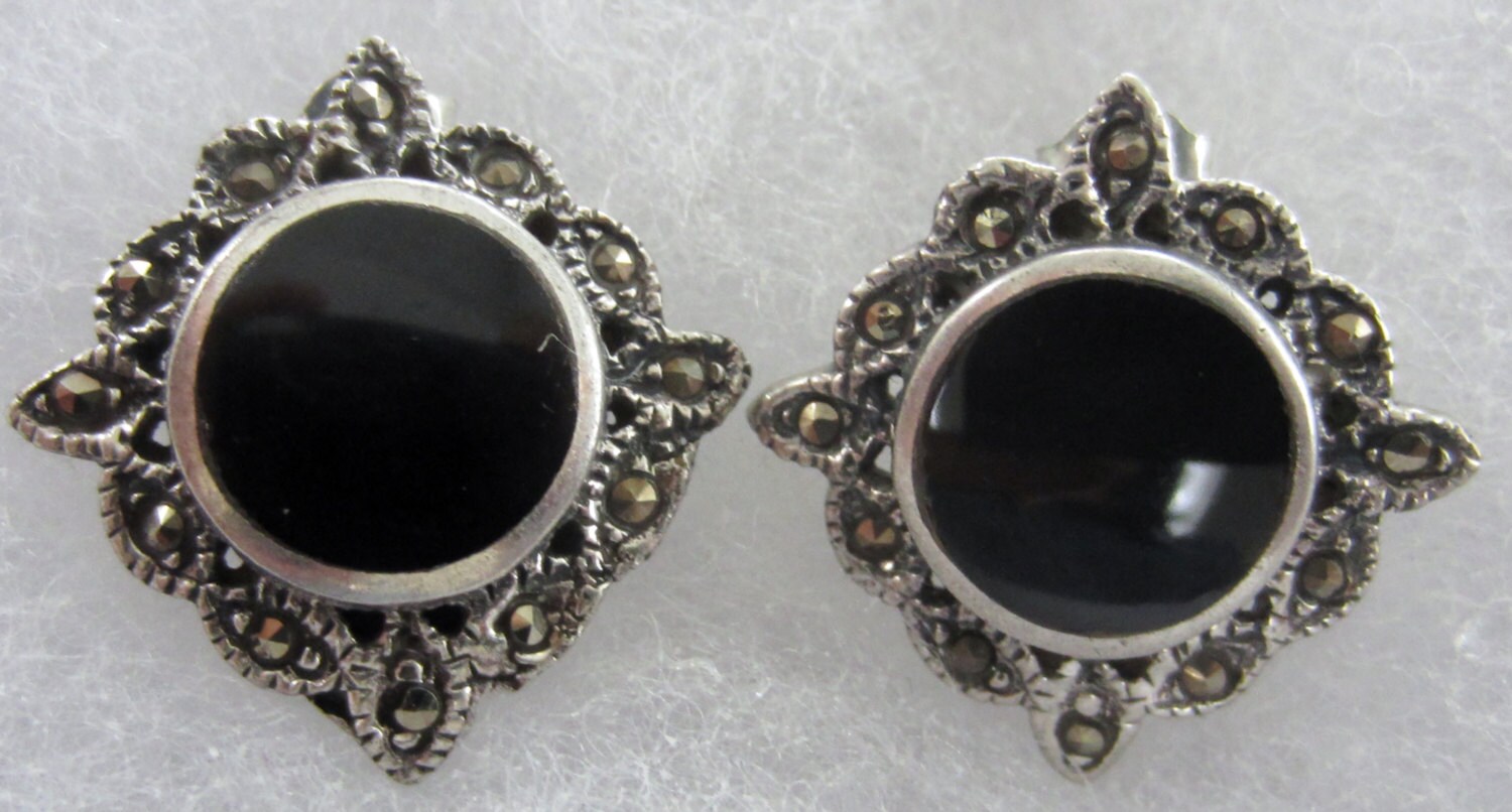 Vintage Black Onyx and Marcasite Stud Earrings Silver and - Etsy