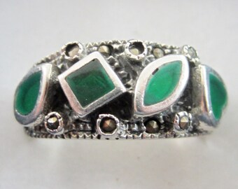 Vintage Oxidized Sterling Silver Commitment Ring with 4 Emerald Gemstones, Vintage Sterling Silver Band Ring