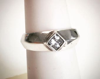 Vintage Princess Cut White Sapphire and Sterling Silver Ring; Vintage Gemstone and Sterling Silver Ring