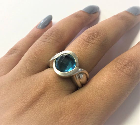 Chunky Silver Ring with Blue Topaz; Vintage Silve… - image 3