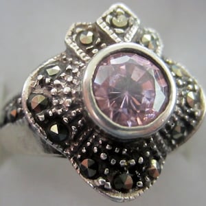 Vintage Oxidized Silver Ring with Marcasite and Pink Gemstone; Valentine&#39;s day Ring