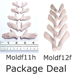 May include: A package deal of doll-making supplies, including multiple pairs of hands and feet. The hands are arranged in various poses, and the feet are in a neutral position. A ruler is placed below the hands. The text "Moldf11h Moldf12f Package Deal" is below.