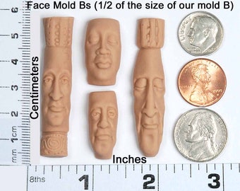 May include: Four silicone face molds for making miniature sculptures. The molds are beige and feature different facial expressions. The molds are shown next to a ruler and US coins for size reference.