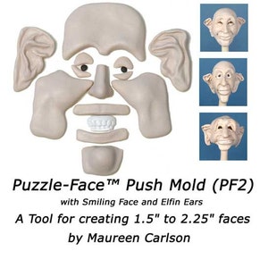 PF2 - 1 3/4" to 2 1/4", Puzzle face mold with Smiling face and Elfin Ears for creating clay faces by Maureen Carlson and Wee Folk Creations