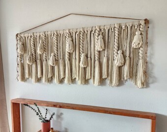 Large Macrame Wall Hanging: 72" Wool Yarn Tapestry with Tassels