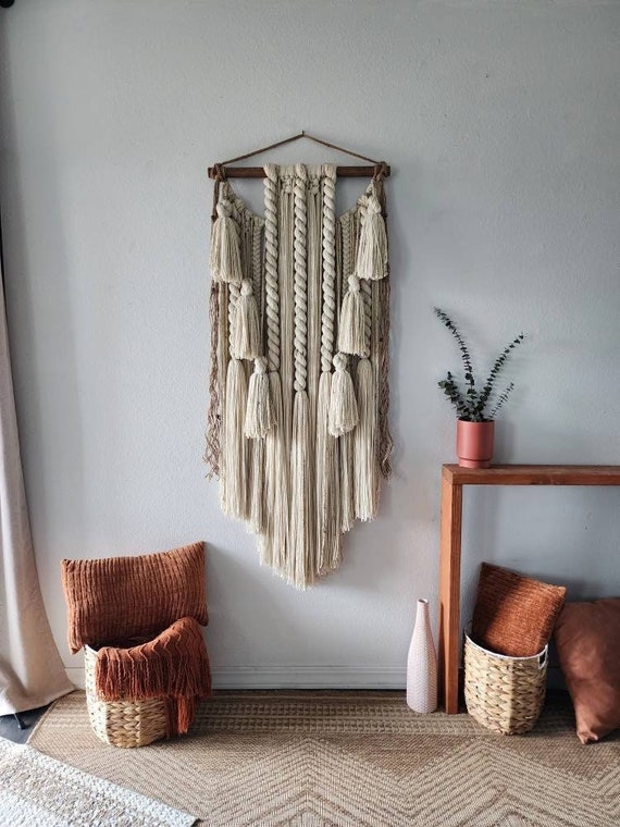Large Macrame Wall Hanging: Cream Yarn Tapestry, Wooden Dowel