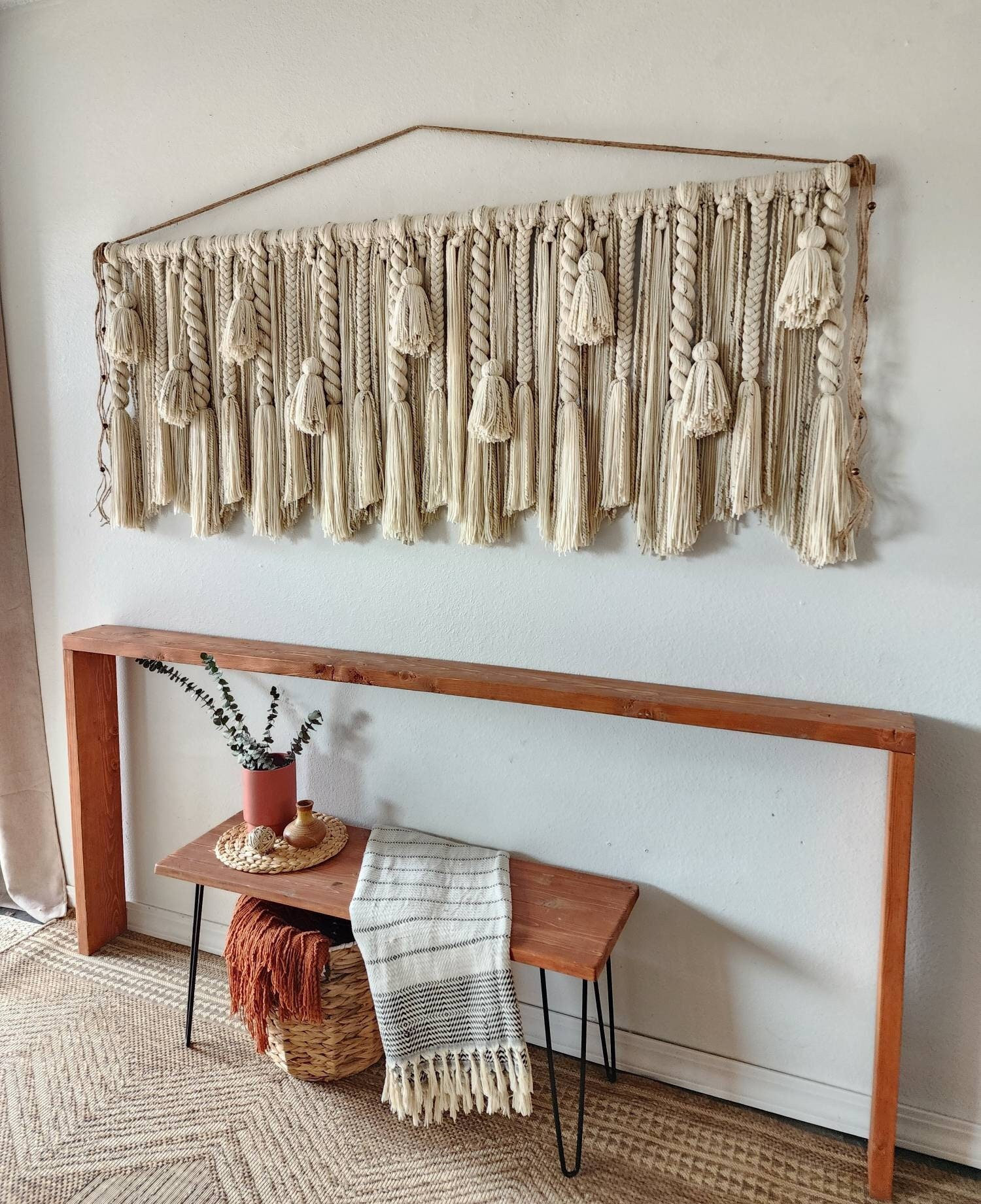 Large Macrame Wall Hanging: 72" Wool Yarn Tapestry with Tassels