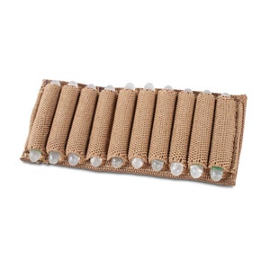 May include: A tan fabric pouch with 12 clear plastic tubes, each with a white cap. The pouch is designed to hold and organize the tubes.