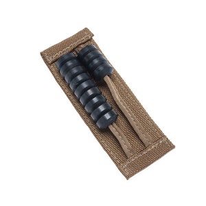 May include: Two black rubber training batons with a tan nylon pouch. The batons are made of multiple stacked rings.