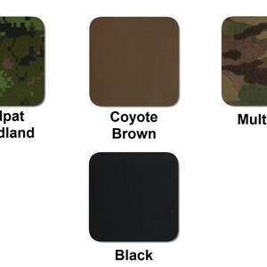 K&ouml;nnte beinhalten: Vier Stoffmuster in verschiedenen Farben und Mustern: Cadpat Woodland Tarnung, Coyote Braun, Multicam Tarnung und Schwarz.