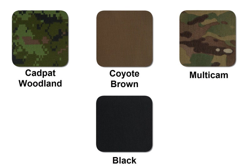 K&ouml;nnte beinhalten: Vier Stoffmuster in verschiedenen Farben und Mustern: Cadpat Woodland Tarnung, Coyote Braun, Multicam Tarnung und Schwarz.