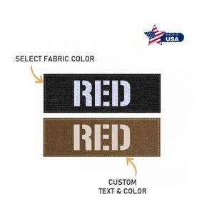 May include: Two rectangular patches with the word "RED" in white block letters. One patch is black, the other is brown. The text "SELECT FABRIC COLOR" and "CUSTOM TEXT & COLOR" are also present.
