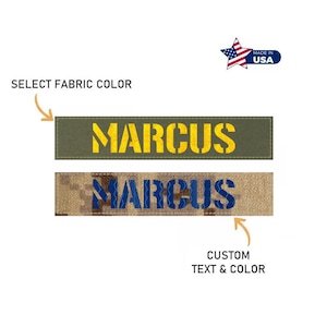 May include: Two rectangular patches with the name "MARCUS" printed in a stencil font. One patch is olive green with yellow text, and the other is camouflage with blue text. The image includes the text "SELECT FABRIC COLOR" and "CUSTOM TEXT & COLOR".