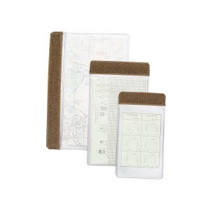 May include: Three clear plastic document holders with brown velcro closures. The largest holder has a map inside, the middle holder has a gridded chart, and the smallest holder has a chart with the text "Target Speed" and "Target Range".