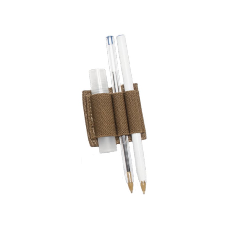 May include: A brown fabric pen holder with two pens and a small clear bottle inside.