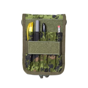 May include: A green camouflage pouch with multiple pockets and a zipper closure. The pouch is filled with writing utensils, including a yellow highlighter, a black pen, a gray pen, and a red pencil.