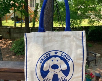 Peace Love Adopt A Dog Canvas Bag with Blue Handles