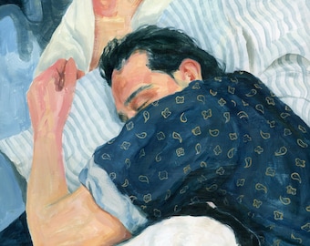 May include: A painting of a person sleeping in bed with a white dog. The person is covered in a blue and gold patterned blanket. The bed has white and blue striped sheets.
