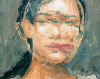 May include: Oil painting of a person's face with a blurred, double-vision effect. The artwork features a palette of muted colors, including skin tones, gray, and touches of red. The artist's signature and year are visible.