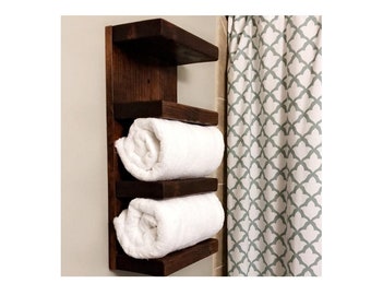 Four Tier Bathroom Shelf Towel Rack | Rustic Solid Wood Vertical Small Space Organizer Storage Tower Home Decor Display | Hotel Towel Rack