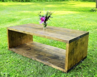 Modern Rustic Coffee Table | Media Console Entertainment TV Stand | Solid Wood Storage Rectangle Minimalist Coffee Table