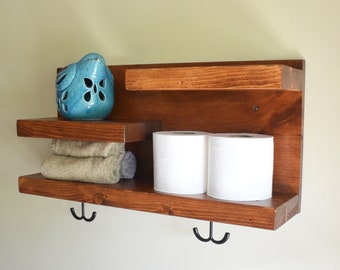 Wood Bathroom Entryway Shelf with Hooks Organizer | Multi Shelf Wall Decor | Towel TP Shelf Holder with Hooks | Dorm Apartment Gift