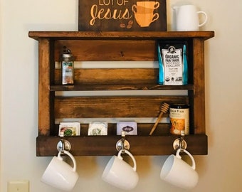 Wood Coat Rack with Shelf | Entryway Organizer | Towel Robe Rack | Key Hooks Wall Mounted Mail Catch All Leash Holder | Coffee Station Bar