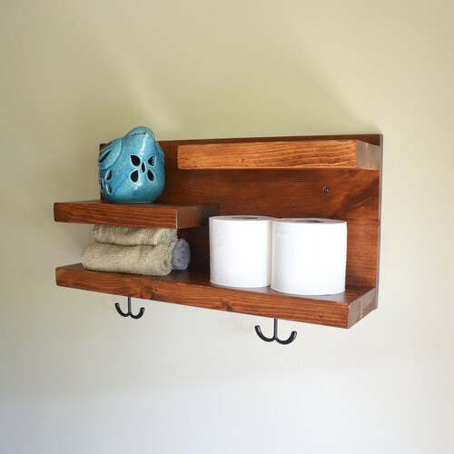 Wood Bathroom Entryway Shelf with Hooks Organizer | Multi Shelf Wall Decor | Towel TP Shelf Holder with Hooks shops | Dorm Apartment Gift