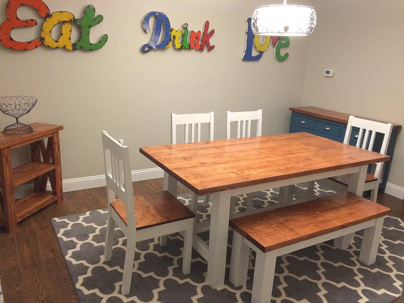 Wood Table Bench And 4 Chair Dining Set Rustic Country Cottage Image 0